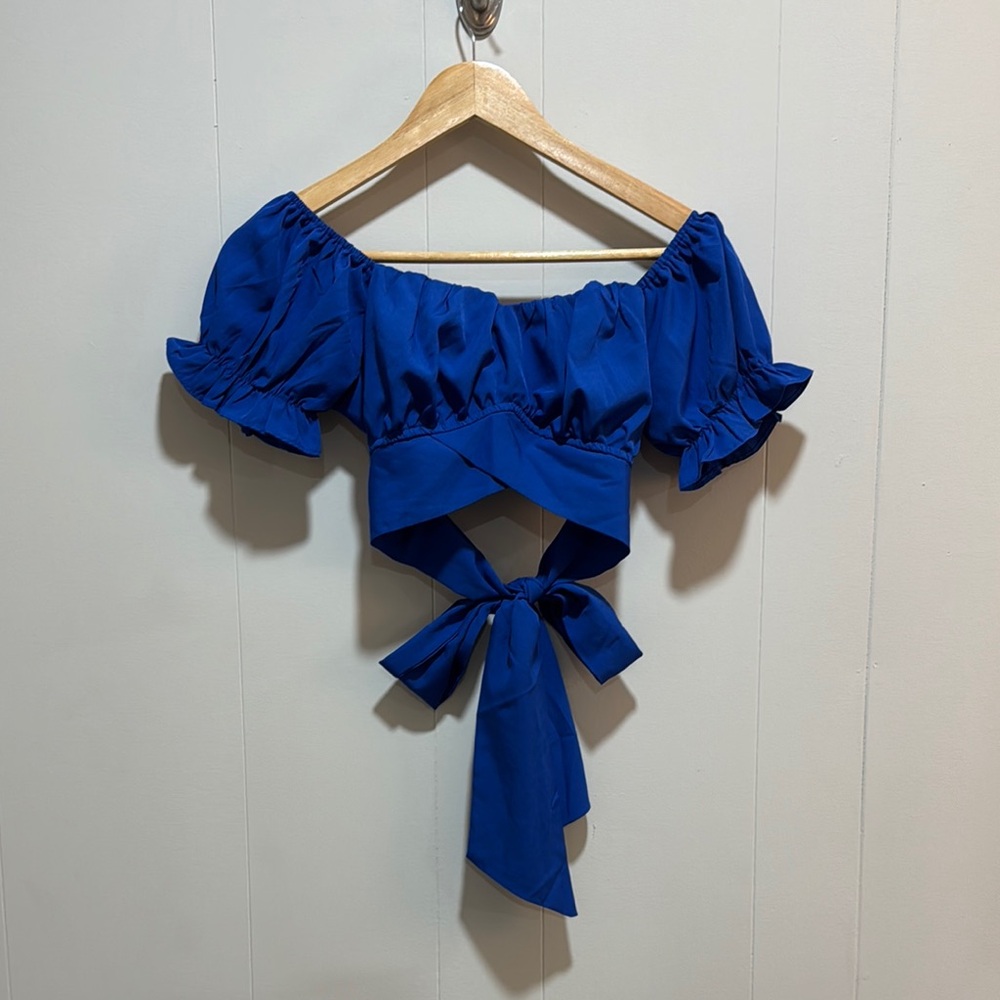 Blue Puff Sleeve Crop Blouse with Tie Front